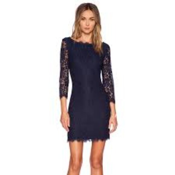 Diane Von Furstenberg  Size 8 Navy Blue Zarita Lace Dress with Zipper - Picture 1 of 16
